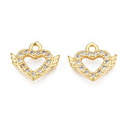 Brass Micro Pave Cubic Zirconia Charms, Real 18K Gold Plated, Heart with Wing, Clear, 9.5x11x1.5mm, Hole: 1mm(KK-N231-245)