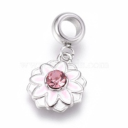 304 Stainless Steel European Dangle Charms, Large Hole Pendants, with Enamel and Rhinestone, Flower, White, Stainless Steel Color, 25mm, Hole: 4mm, Pendant: 15x12.5x4mm(STAS-O097-43P)