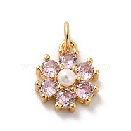 Rack Plating Brass Micro Pave Cubic Zirconia Charms, with Pearl, Cadmium Free & Lead Free, Real 18K Gold Plated, Flower, Pink, 12.5x10.5x4mm, Hole: 3.6mm(KK-A160-22G-G)