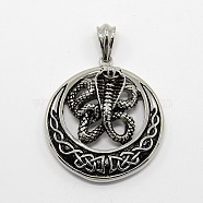 Retro Men's Halloween Jewelry 304 Stainless Steel Big Flat Round with Snake Cobra Pendants, Antique Silver, 53x49x19mm, Hole: 11x7mm(STAS-O044-46)