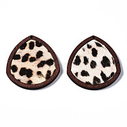 Eco-Friendly Cowhide Leather Pendants, with Dyed Wood, Teardrop with Leopard Print, Coconut Brown, 41x37.5x4mm, Hole: 1.2mm(FIND-S301-32C-13)
