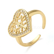 Brass Micro Pave Cubic Zirconia Open Cuff Ring, Heart with Tree, Real 16K Gold Plated, Inner Diameter: 17mm(RJEW-Q805-04G)