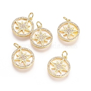 Brass Micro Pave Cubic Zirconia Pendants, with Jump Rings and Shell, Flat Round and Twinkling Star, Clear, Golden, 18x15.5x2.5mm, Hole: 3.4mm(ZIRC-G161-19G)
