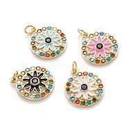 Real 18K Gold Plated Brass Micro Pave Cubic Zirconia Pendants, with Enamel and Jump Ring, Long-Lasting Plated, Flat Round with Flower, Mixed Color, 19x16x3mm, Jump Ring: 5x0.8mm, 3.4mm inner diameter(ZIRC-M114-51G)