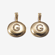 Brass Pendants, with Cubic Zirconia, Cadmium Free & Lead Free, Flat Round with Letter, Golden, Letter.G, 22mm, Hole: 2x3mm, Pendant: 15x3mm(KK-K194-G-G-RS)