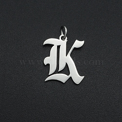 304 Stainless Steel Pendants, with Jump Ring, Old English, Letter, Laser Cut, Stainless Steel Color, Letter.K, 16x14x1mm, Hole: 3mm(A-STAS-R111-JA565-K)