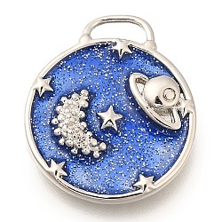 Brass Enamel Pendants, Long-Lasting Plated, with Glitter Powder, Flat Round with Planet & Moon Charm, Platinum, 20x17.5x3mm, Hole: 5.5x2mm(KK-S049-11P)