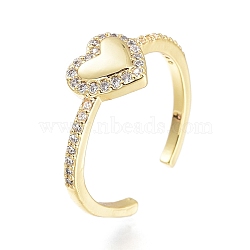 Brass Micro Pave Clear Cubic Zirconia Cuff Rings, Open Rings, Long-Lasting Plated, Heart, Golden, US Size 7(17.3mm)(RJEW-I073-04G)