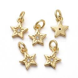 Brass Micro Pave Cubic Zirconia Pendants, with Jump Rings, Star, Golden, 9.5x7.5x2mm, Hole: 3mm(ZIRC-G155-05G)