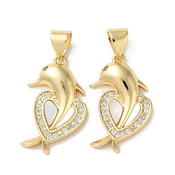 Brass Micro Pave Clear Cubic Zirconia Pendants, with Shell, Real 18K Gold Plated, Heart, Dolphin, 20.5x13x3.5mm, Hole: 5x3.5mm(KK-B083-30G)