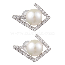 Natural Pearl Ear Studs, with Sterling Silver Micro Pave Cubic Zirconia Findings, Rhombus, Platinum, 17x13mm(EJEW-P286-26P)