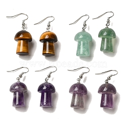 Natural Mixed Gemstone Mushroom Dangle Earrings, Platinum Brass Earrings, 42x15mm(EJEW-E296-05P-A)