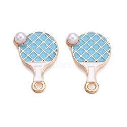 Alloy Enamel Pendants, with ABS Imitation Pearl, Lead Free & Cadmium Free, Golden, Racket Charm, Light Sky Blue, 20x13x4mm, Hole: 1.8mm(ENAM-T020-94C)