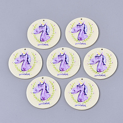 Acrylic Pendants, 3D Printed, Flat Round, Unicorn Pattern, Blue Violet, 40x2.5mm, Hole: 1.8mm(KY-S163-066)