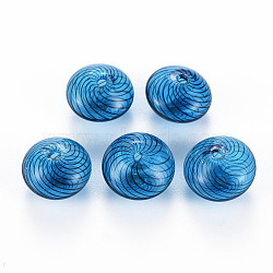 Transparent Handmade Blown Glass Globe Beads, Stripe Pattern, Flat Round, Dodger Blue, 15.5~17.5x10~12mm, Hole: 1~2mm(X-GLAA-T012-19B)