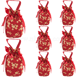Flower Printed Cloth Drawstring Storage Bags, Tassel Wedding Candy Bags with Rope Handle, Rectangle, Red, 23cm, Bag: 150x133x1.5mm(ABAG-WH20010-20D-01)
