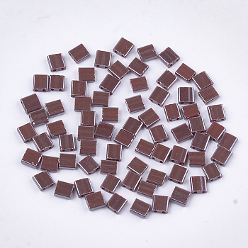 2-Hole Opaque Glass Seed Beads, Lustered, Rectangle, Coconut Brown, 5x4.5~5.5x2~2.5mm, Hole: 0.5~0.8mm
