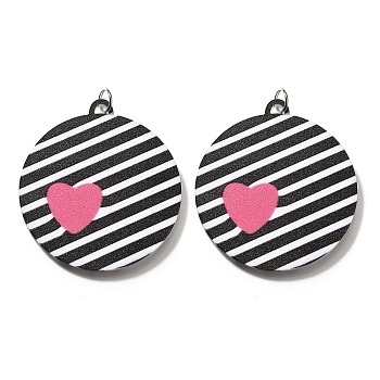 Printed Acrylic Pendants, Flat Round with Twill Pattern & Heart, with Platinum Loop, Black, 49.5x45.5x2.5mm, Hole: 5mm