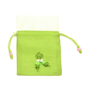 Polyester with Silk Pouches, Drawstring Bag, Rectangle with Knot, Green Yellow, 15x9.8~10x0.4cm