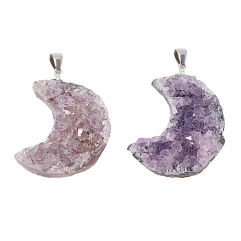 2Pcs Natural Amethyst Pendants, with Platinum Tone Iron Findings, Moon, 34~37x26~31x9~12mm