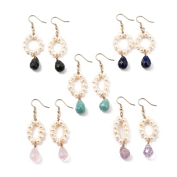 Dangle Earrings, with Natural Pearl Beads, teardrop, Gemstone Charms and Brass Earring Hooks, 61mm, Pin: 0.7mm