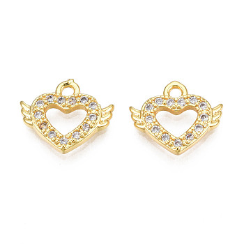 Brass Micro Pave Cubic Zirconia Charms, Real 18K Gold Plated, Heart with Wing, Clear, 9.5x11x1.5mm, Hole: 1mm