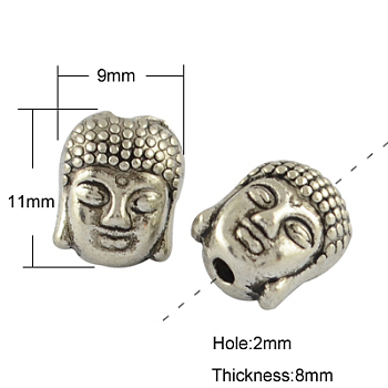 Tibetan Style Alloy Beads, Lead Free & Nickel Free, Buddha Head, Antique Silver, 11x9x8mm, Hole: 2mm