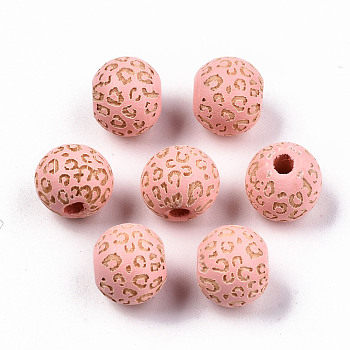 Painted Natural Wood Beads, Laser Engraved Pattern, Round with Leopard Print, Pink, 10x8.5mm, Hole: 2.5mm