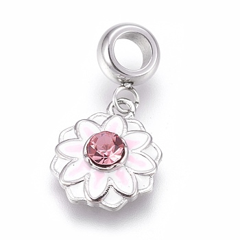 304 Stainless Steel European Dangle Charms, Large Hole Pendants, with Enamel and Rhinestone, Flower, White, Stainless Steel Color, 25mm, Hole: 4mm, Pendant: 15x12.5x4mm