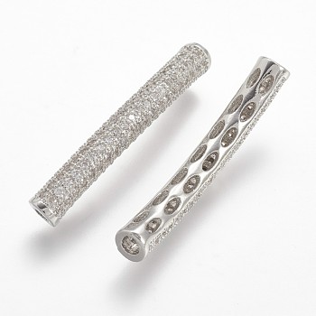 Brass Micro Pave Cubic Zirconia Tube Beads, Tube, Curved, Clear, Platinum, 31.5x4.2mm, Hole: 2mm
