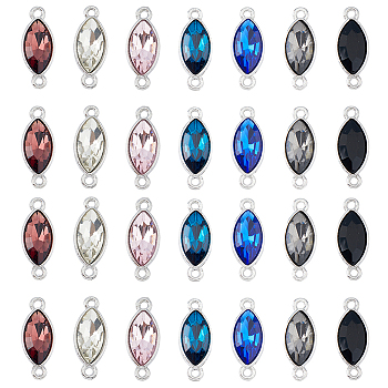 28Pcs 7 Colors Alloy Glass Connector Charms, Faceted Horse Eye Charm, Platinum, Mixed Color, 23x9x5mm, Hole: 1.5mm, 4pcs/color