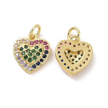 Brass Micro Pave Colorful Cubic Zirconia Charms, with Jump Ring, Heart Charm, Real 18K Gold Plated, 13x11.5x3mm, Hole: 3.5mm