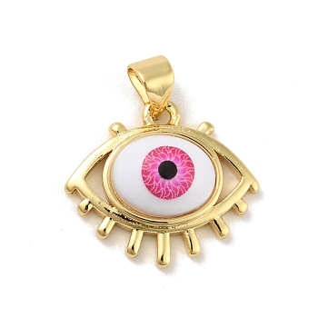 Brass Pendants, with Acrylic, Cadmium Free & Lead Free, Long-Lasting Plated, Evil Eye, Real 18K Gold Plated, Deep Pink, 16.5x19x6mm, Hole: 4x3.5mm