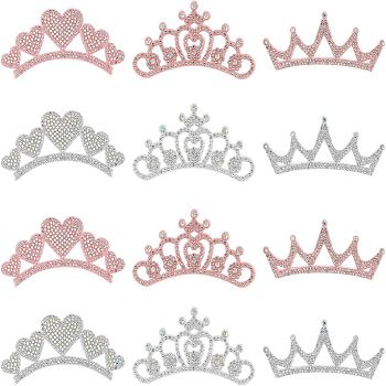 SUPERFINDINGS 12Pcs 6 Style Non-woven Fabric Rhinestone Patches, Crown, for Clothing, Hair Bands, Sewing Craft Decoration, Mixed Color, 35~38x83~102x2.5~3mm, 2pcs/style