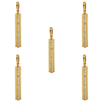 5Pcs Brass Micro Pave Clear Cubic Zirconia Pendants, Long-Lasting Plated, Rectangle, Real 18K Gold Plated, 30.5x4.5x2mm, Hole: 3x5mm