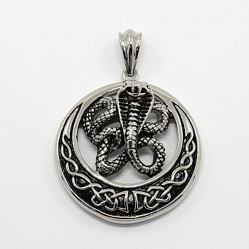 Retro Men's Halloween Jewelry 304 Stainless Steel Big Flat Round with Snake Cobra Pendants, Antique Silver, 53x49x19mm, Hole: 11x7mm