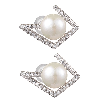 Natural Pearl Ear Studs, with Sterling Silver Micro Pave Cubic Zirconia Findings, Rhombus, Platinum, 17x13mm