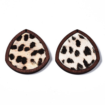 Eco-Friendly Cowhide Leather Pendants, with Dyed Wood, Teardrop with Leopard Print, Coconut Brown, 41x37.5x4mm, Hole: 1.2mm