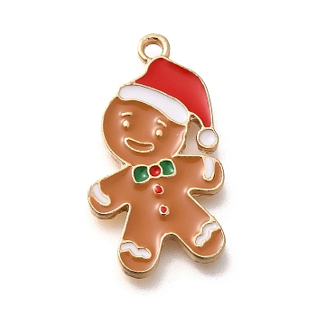 Christmas Theme Alloy Enamel Pendants, Gingerbread Man Charm, Light Gold, Hat, 27x14.5x2mm, Hole: 1.8mm