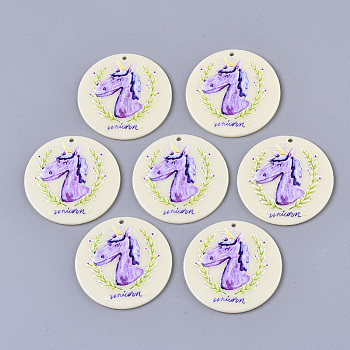 Acrylic Pendants, 3D Printed, Flat Round, Unicorn Pattern, Blue Violet, 40x2.5mm, Hole: 1.8mm