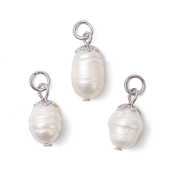 Natural Pearl Pendants, Rice Charms with 304 Stainless Steel Jump Rings, Floral White, Stainless Steel Color, 15~16x7~8mm, Hole: 3.4mm