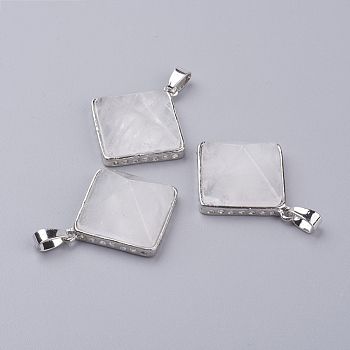 Natural Quartz Crystal Pendants, Rock Crystal Pendants, with Brass Finding, Pyramid, Platinum, 28.5x32x13mm, Hole: 3.5x6mm