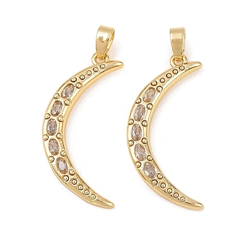 Brass Micro Pave Cubic Zirconia Pendants, Moon Charms, Real 18K Gold Plated, Clear, 27.5x17x3mm, Hole: 5x2.5mm