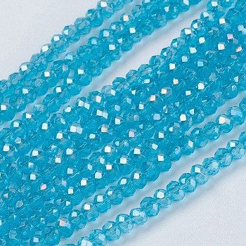 Electroplate Glass Beads Strands, Full Rainbow Plated, Faceted, Rondelle, Sky Blue, 3x2mm, Hole: 0.8mm, about 185~190pcs/strand, 14.9~17.3 inch(38~44cm)