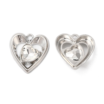 Alloy Pendants, Glass with Heart Charms, Platinum, 20x18.5x5mm, Hole: 1.6mm