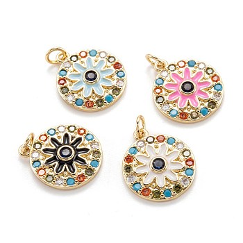 Real 18K Gold Plated Brass Micro Pave Cubic Zirconia Pendants, with Enamel and Jump Ring, Long-Lasting Plated, Flat Round with Flower, Mixed Color, 19x16x3mm, Jump Ring: 5x0.8mm, 3.4mm inner diameter