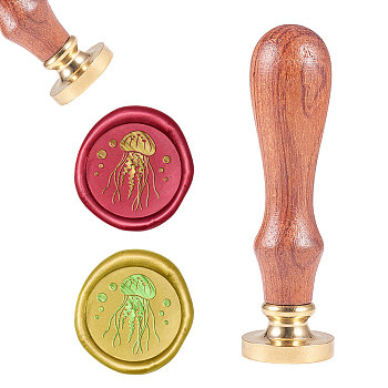 DIY Scrapbook, Brass Wax Seal Stamp and Wood Handle Sets, Jellyfish, Golden, 8.9x2.5cm, Stamps: 25x14.5mm