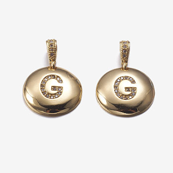 Brass Pendants, with Cubic Zirconia, Cadmium Free & Lead Free, Flat Round with Letter, Golden, Letter.G, 22mm, Hole: 2x3mm, Pendant: 15x3mm