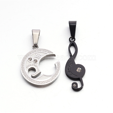 Valentine's Couple Jewelry 304 Stainless Steel Rhinestone Flat Round and Musical Note with Word Love You Pendants(STAS-E090-74)-5
