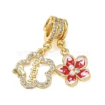 Mother's Day Brass Micro Pave Clear Cubic Zirconia Pendants, Flower with Word Mom Charm, with Enamel and ABS Plastic Imitation Pearl, Cadmium Free & Lead Free, Rack Plating, Long-Lasting Plated, Real 18K Gold Plated, Red, 29mm, Hole: 3~4mm(CU-CBA4231-02A-G)